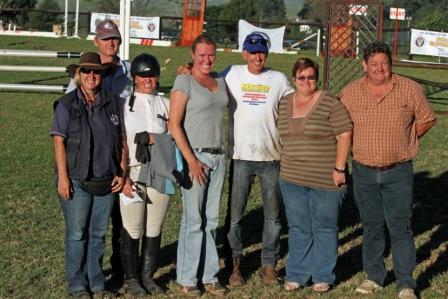 In this picture are the Organisers and some of the Sponsors who made this event possible   From L-R:   Back Row – Garth Nortje from the Coastal Horse Care Unit.   Front Row – Gillian Olmesdahl (Manager / Chairperson of the Coastal Horse Care Unit), Sue Sadler (Sponsor of the Thelwells Equestrian Centre Precision & Speed PR 0.80m / PR 0.90M Class), Laura Smith (From the Kwa-Zulu Natal Horse Society), Dr Richard Venniker (Host of the Event and Owner of Wenton Greys), Alta Lightfoot and James Naysmith (Show Jumping Judge).   